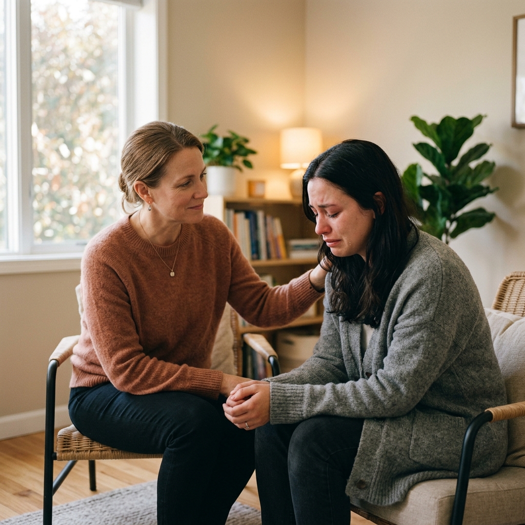 A supportive grief counselor offering a comforting hand