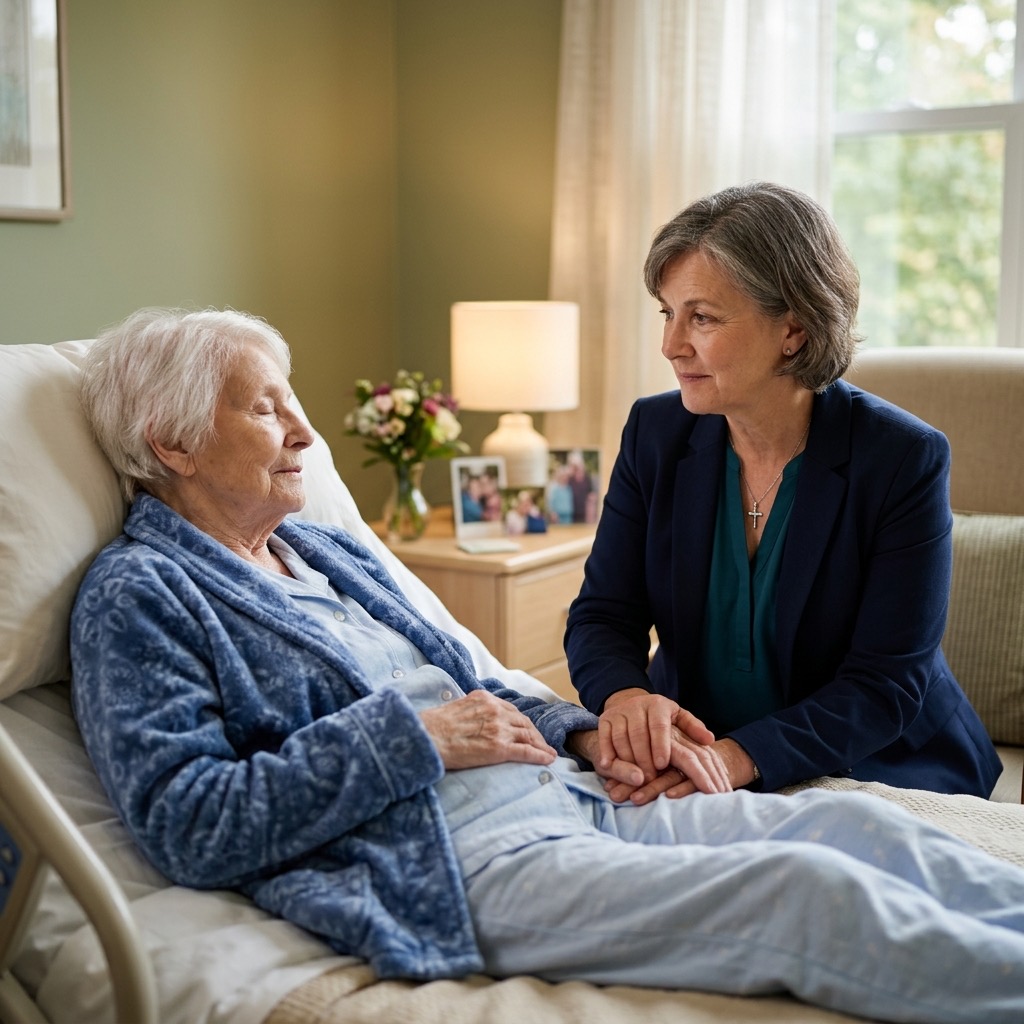 A hospice chaplain providing emotional and spiritual support to a patient