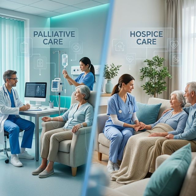 Split scene showing palliative care in a clinic and hospice care at home — illustrating the key differences