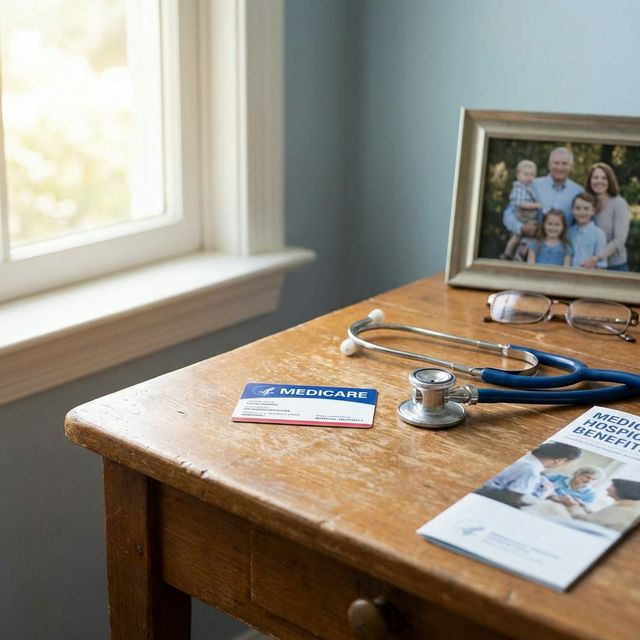 A Medicare insurance card and stethoscope on a wooden desk beside a family photo — representing Medicare hospice coverage