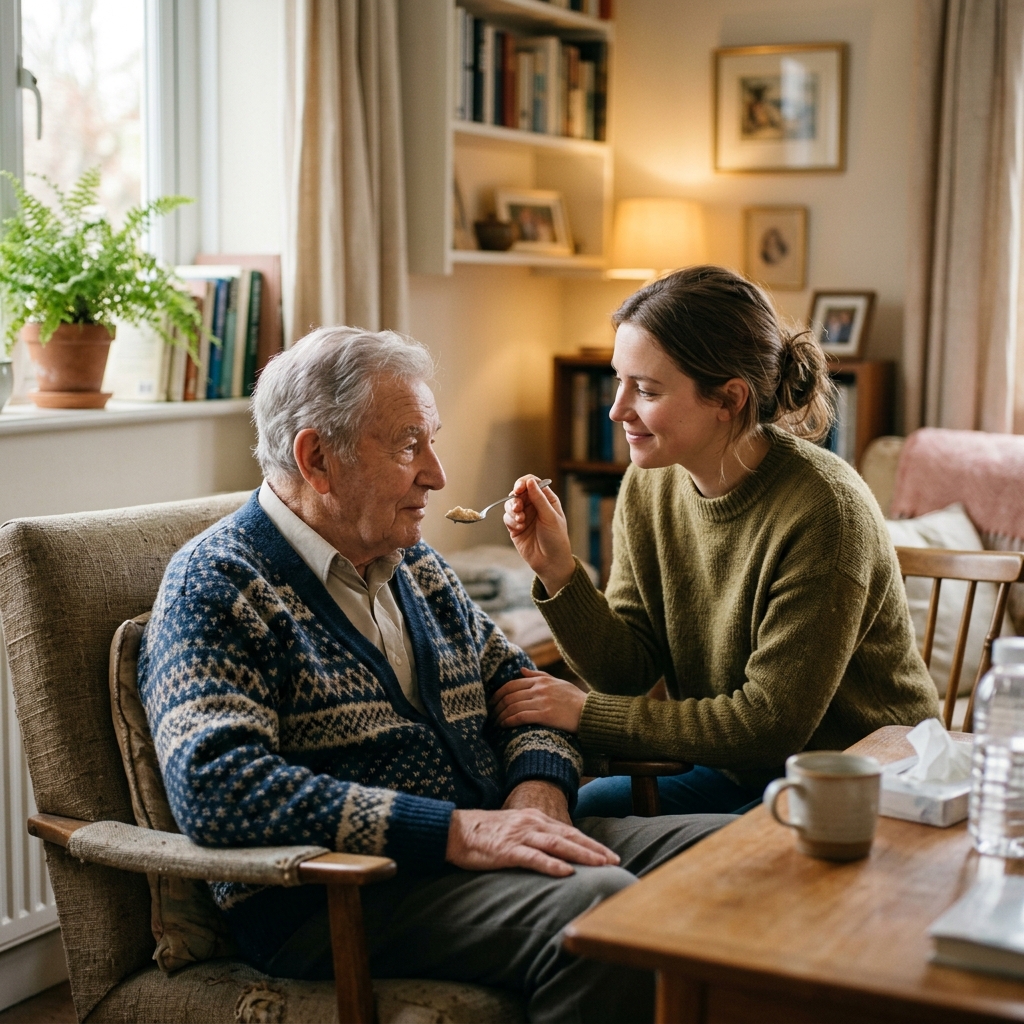 A caring family member offering a small cup of water to an elderly patient