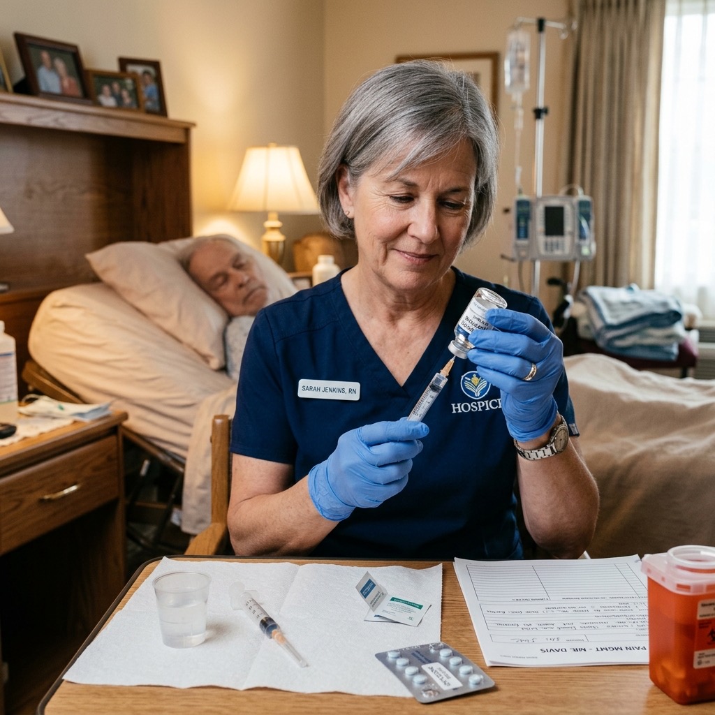 A hospice nurse preparing medication for pain management