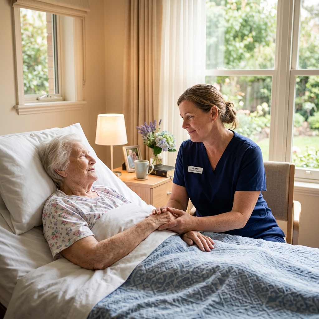 A compassionate hospice nurse holding the hand of an elderly patient