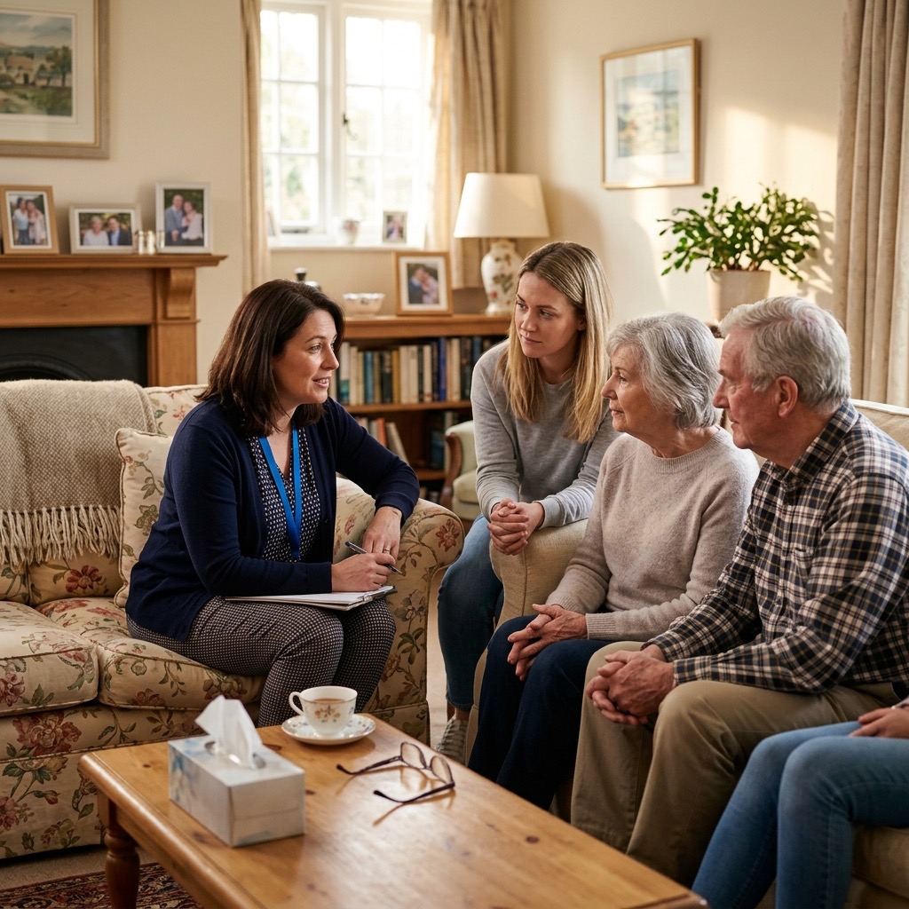 A compassionate hospice social worker speaking with a family