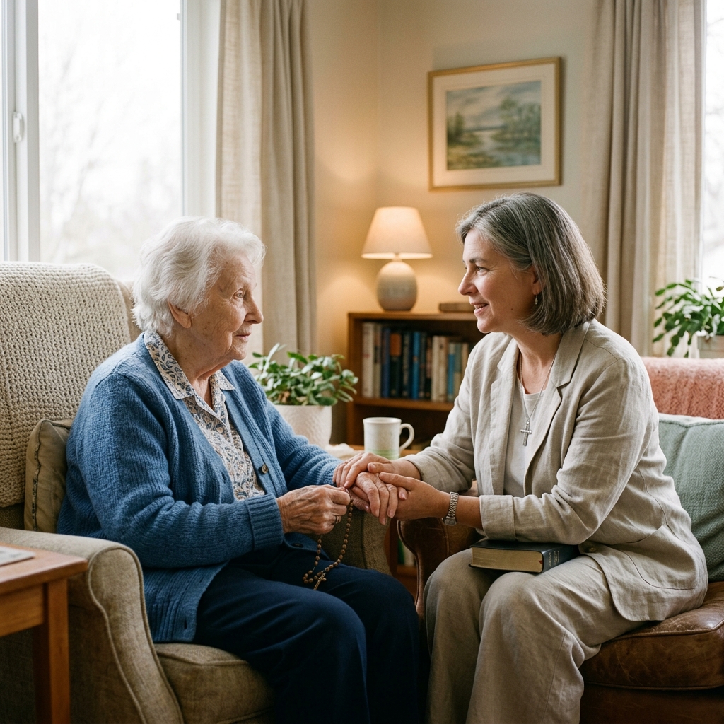 A spiritual counselor talking gently with an elderly patient
