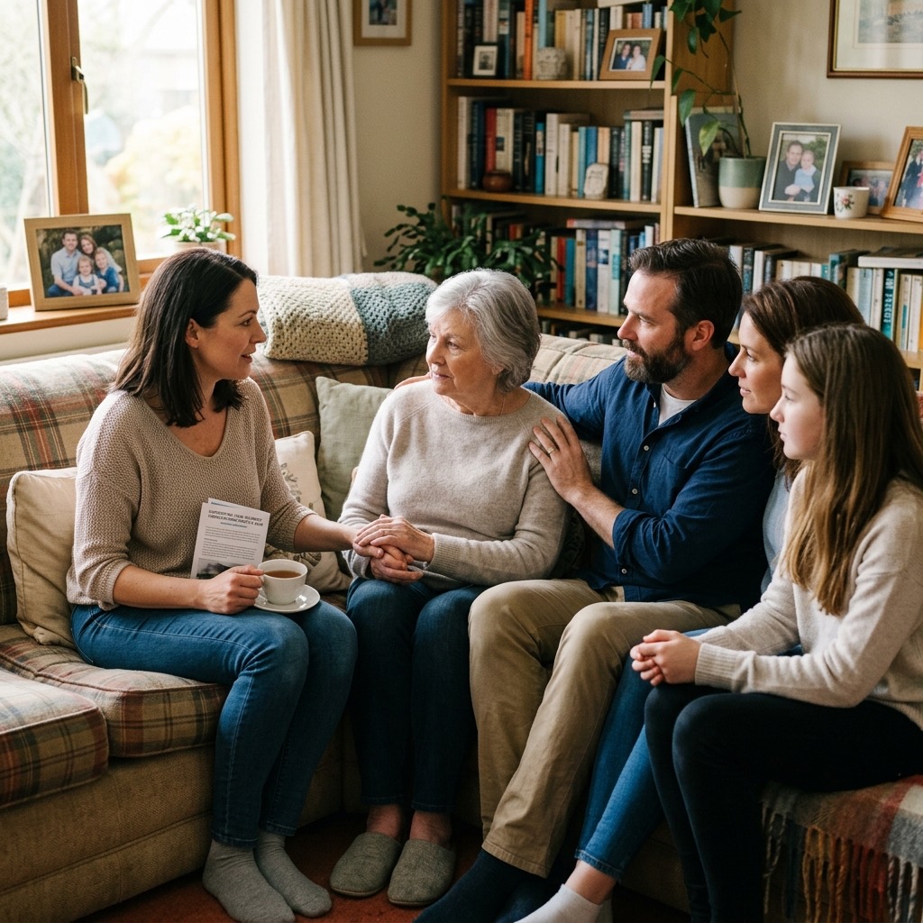 A supportive family having a gentle conversation about hospice care